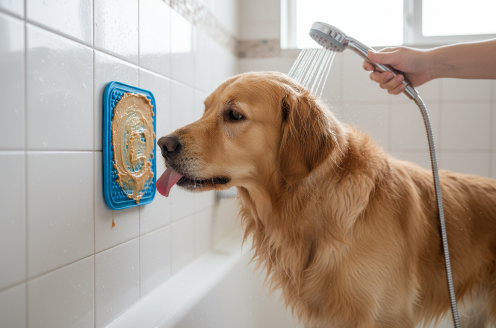 Dog being bathed with a shower head in a tiled bathroom