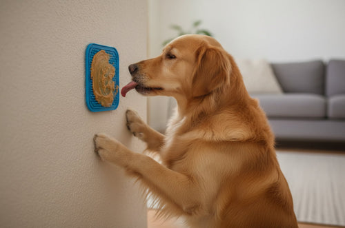Dog interacting with a puzzle toy on a wall in a living room.